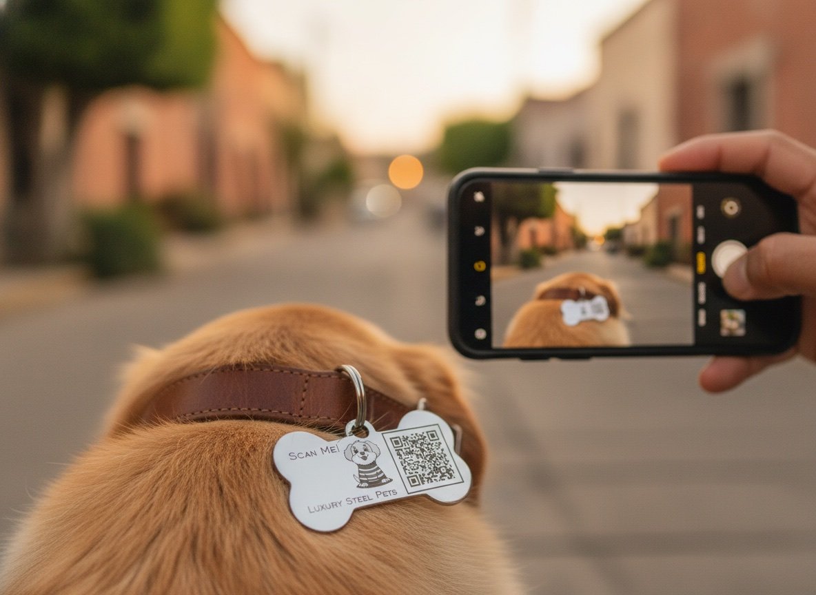 Persona escaneando con su celular el código QR de una plaquita de identificación de acero en forma de hueso de Luxury Steel Pets que cuelga del collar de un perro en una calle mexicana al atardecer