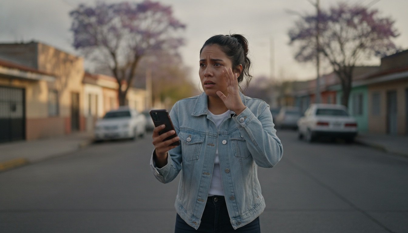 Mujer preocupada con su teléfono en mano buscando a su mascota perdida y llamándola por su nombre en una calle residencial mexicana al atardecer