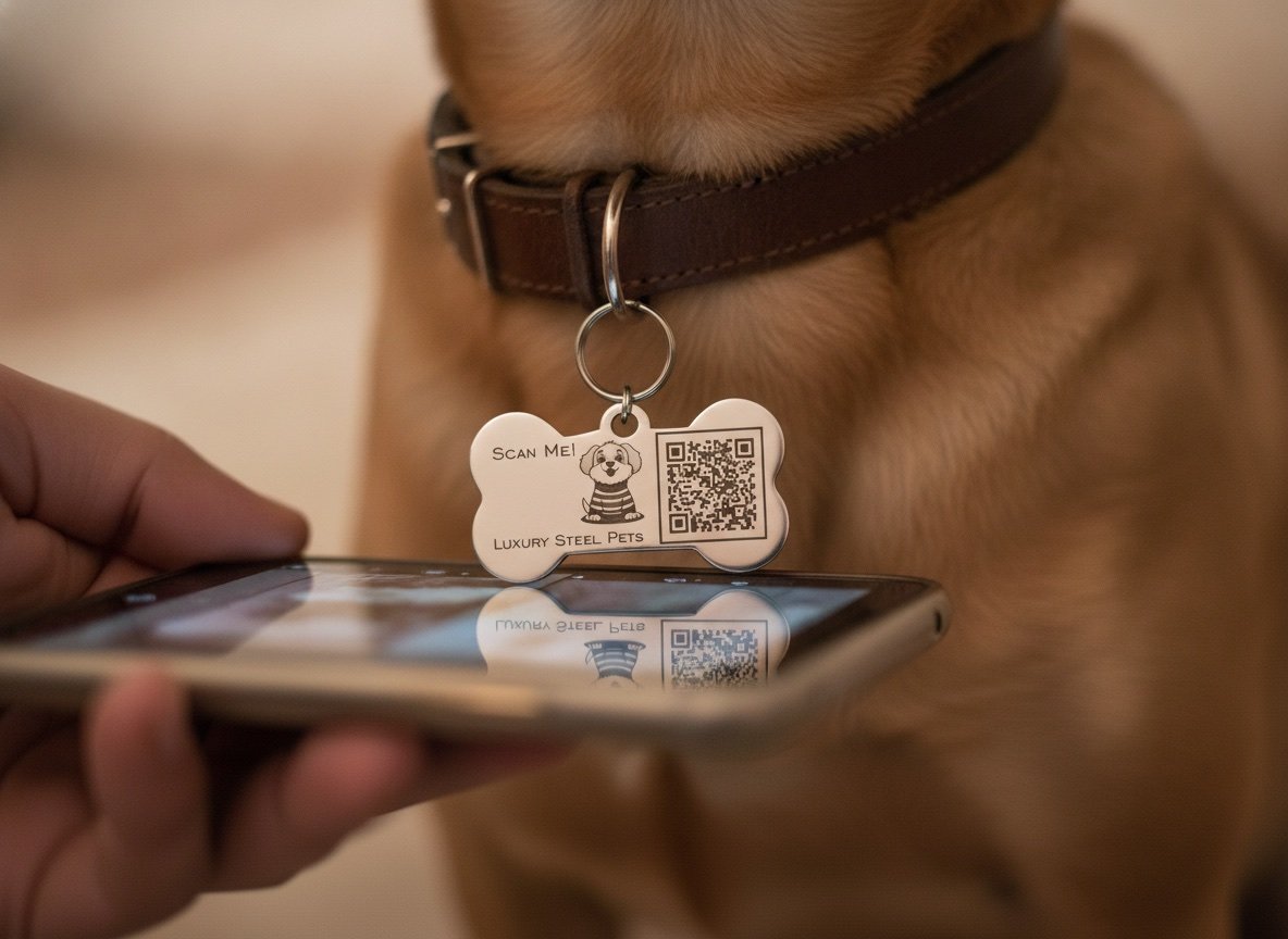Mano acercando un celular a la plaquita inteligente de acero Luxury Steel Pets en el collar de un perro para escanear su código QR y activar el Modo Perdido
