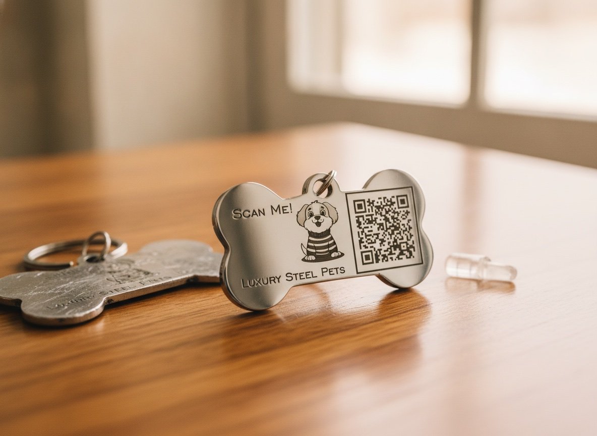Plaquita inteligente de acero quirúrgico Luxury Steel Pets nítida junto a una placa de aluminio vieja y desgastada y un microchip diminuto, mostrando la diferencia de durabilidad