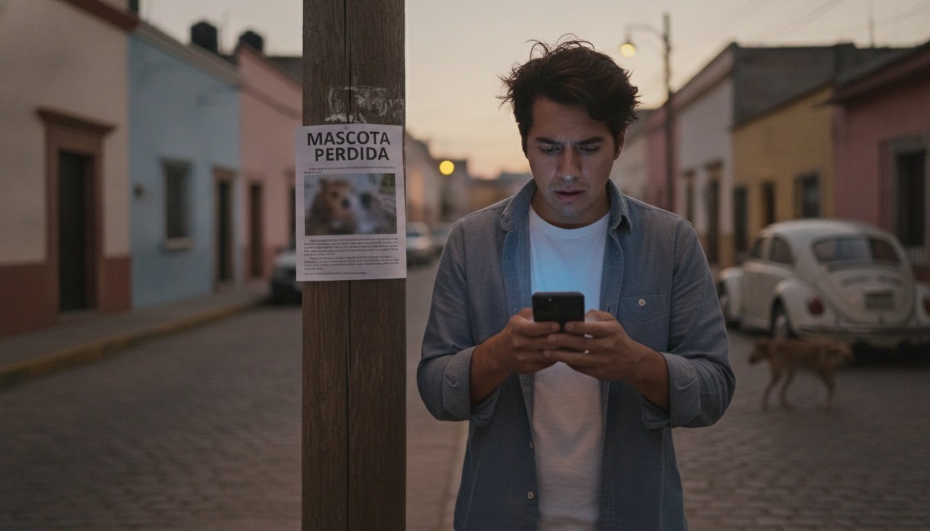 Hombre preocupado revisa su celular al anochecer en una calle mexicana junto a un cartel de mascota perdida pegado a un poste, con un perro callejero a lo lejos