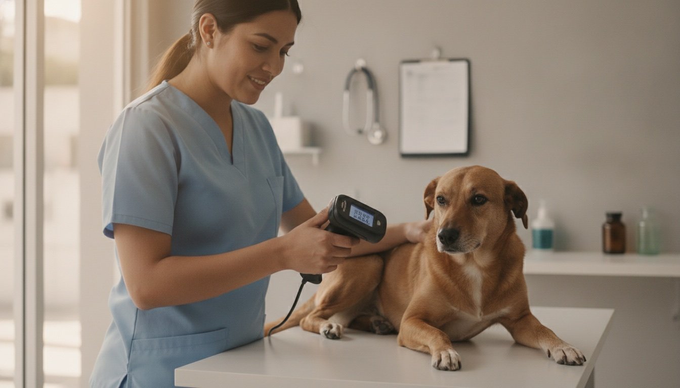 Veterinaria con bata azul pasando un lector RFID de mano sobre el lomo de un perro café tranquilo en la mesa de exploración de una clínica luminosa