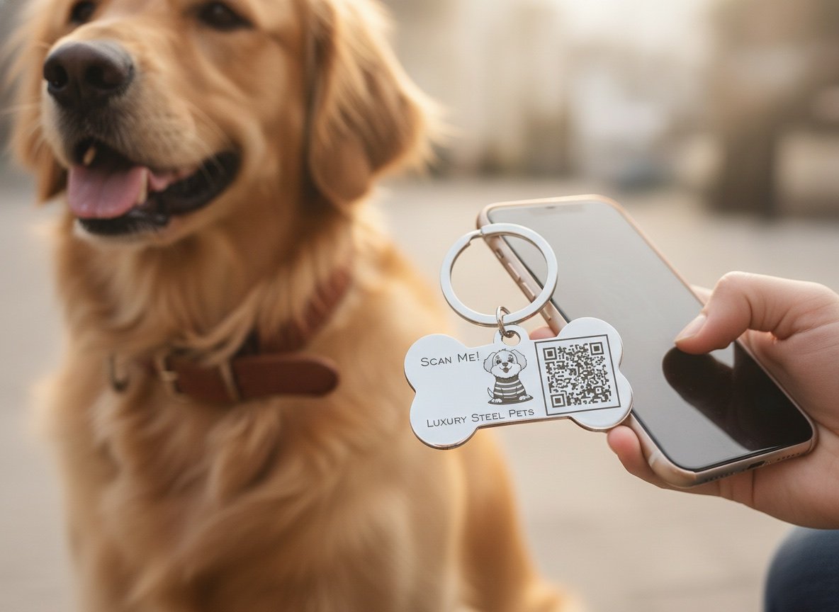 Primer plano de la plaquita de acero en forma de hueso de Luxury Steel Pets colgada del collar de un golden retriever mientras una mano acerca un celular para leerla por NFC