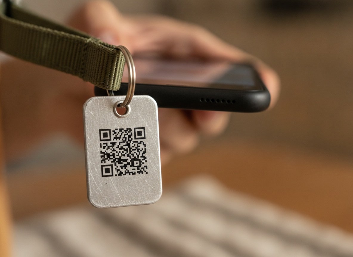 Plaquita de aluminio económica con código QR colgada de un collar, escaneada con la cámara de un celular