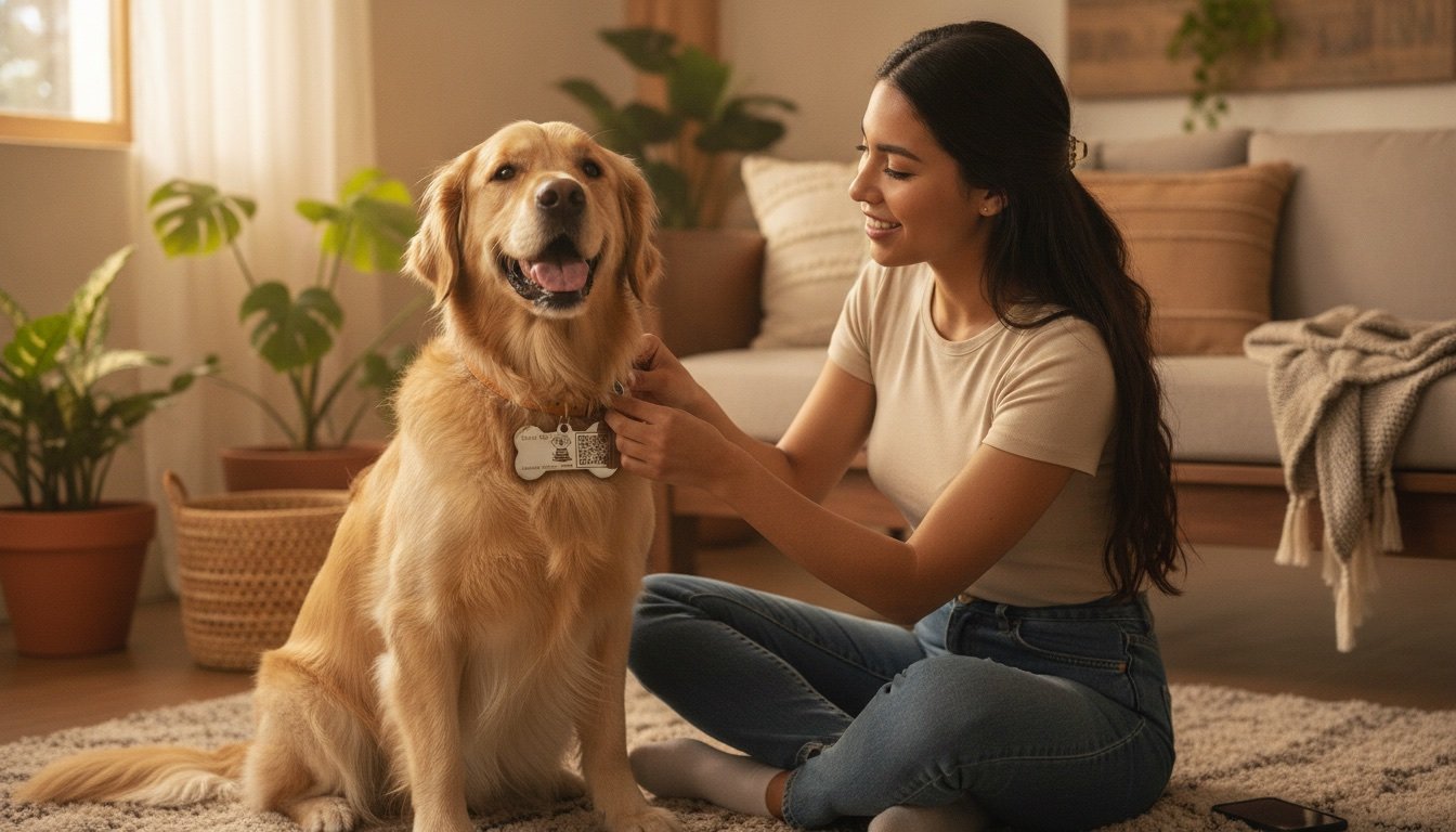 Mujer colocando una plaquita de acero Luxury Steel Pets en el collar de su golden retriever dentro de un hogar mexicano