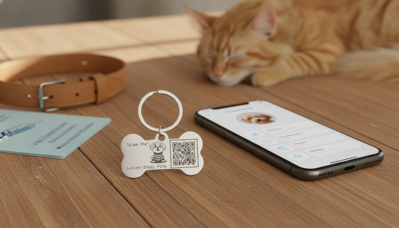 Plaquita de acero Luxury Steel Pets junto a un celular que muestra el perfil digital de la mascota, un collar y una cartilla de vacunación