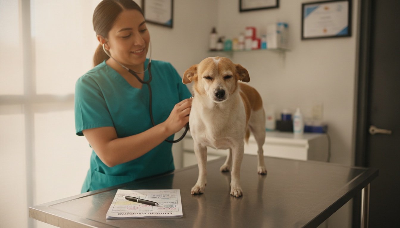 Veterinaria en bata quirúrgica turquesa examina con estetoscopio a un perro tranquilo sobre una mesa de acero inoxidable, junto a una cartilla de vacunación abierta