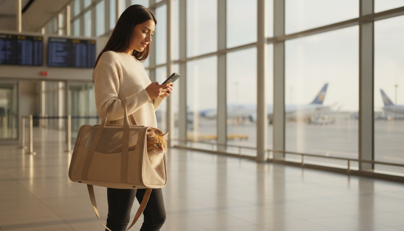 Mujer joven en la terminal de un aeropuerto sostiene una transportadora de mascota con un animalito asomándose, mientras revisa su celular con aviones al fondo bajo luz dorada