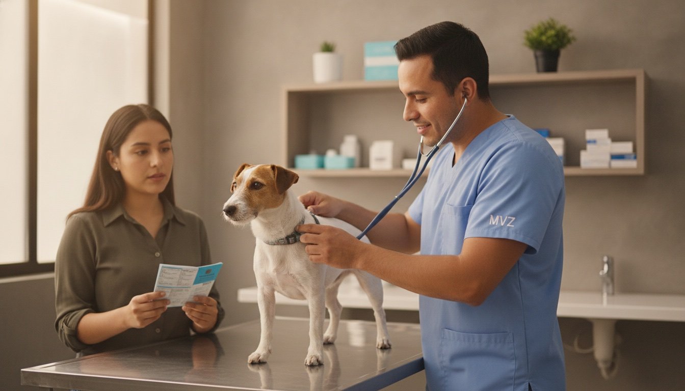Veterinario MVZ con bata azul ausculta con estetoscopio a un perro pequeño sobre la mesa de exploración mientras la dueña sostiene la cartilla de vacunación