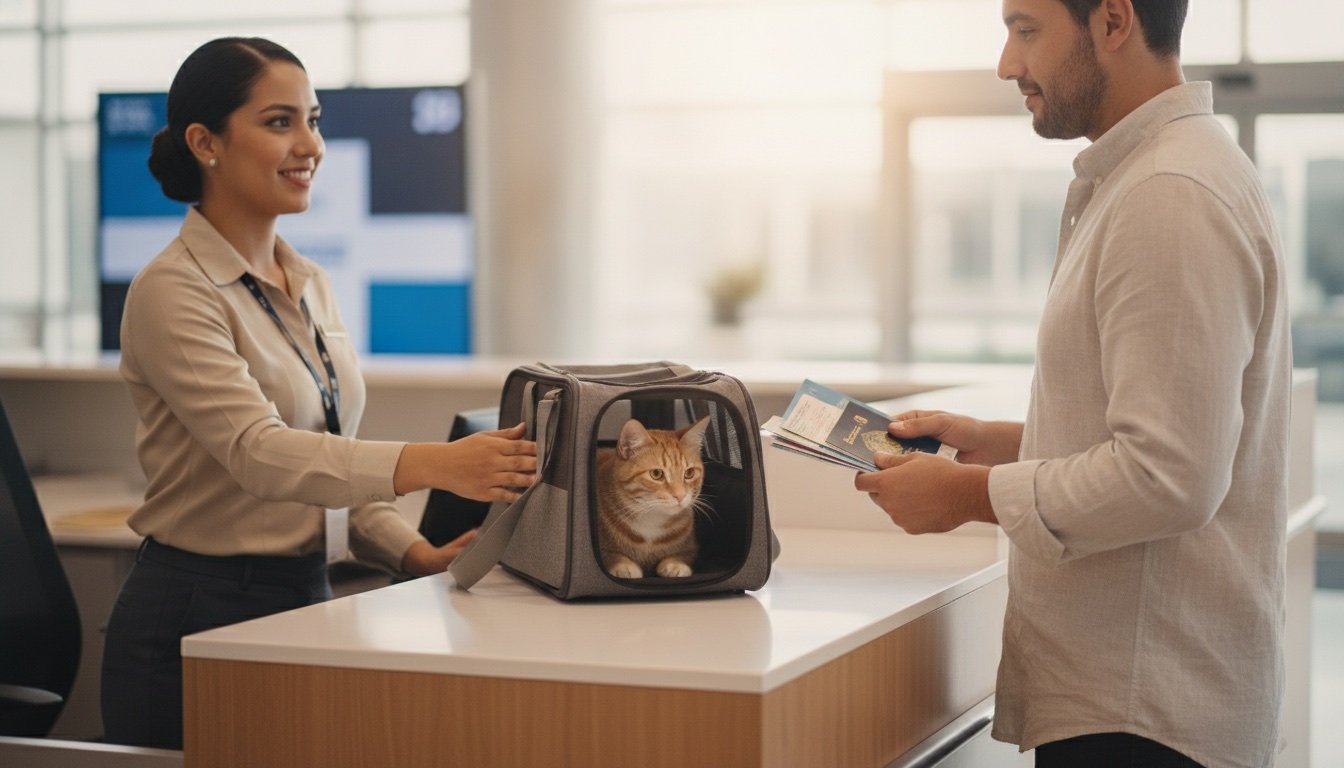 Agente de aerolínea atiende en el mostrador de documentación a un viajero que lleva un gato en transportadora blanda y sostiene sus documentos de viaje