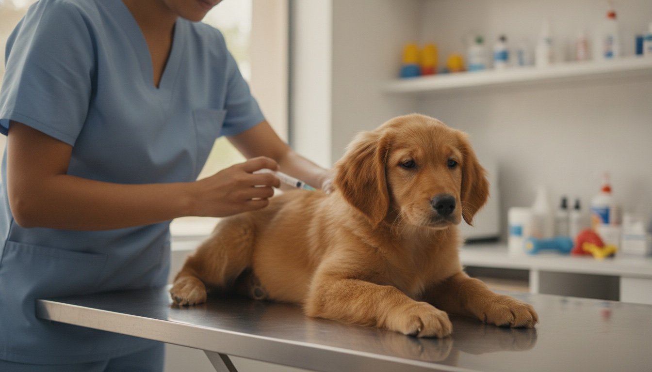 Veterinaria con uniforme azul aplicando una vacuna a un cachorro dorado tranquilo sobre una mesa de exploración en una clínica veterinaria mexicana