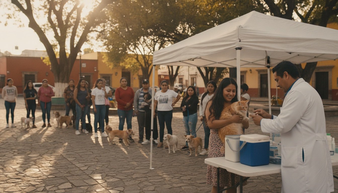 Campaña de vacunación gratuita en una plaza mexicana soleada, con un veterinario vacunando a un gato bajo una carpa blanca mientras familias esperan en fila con sus mascotas