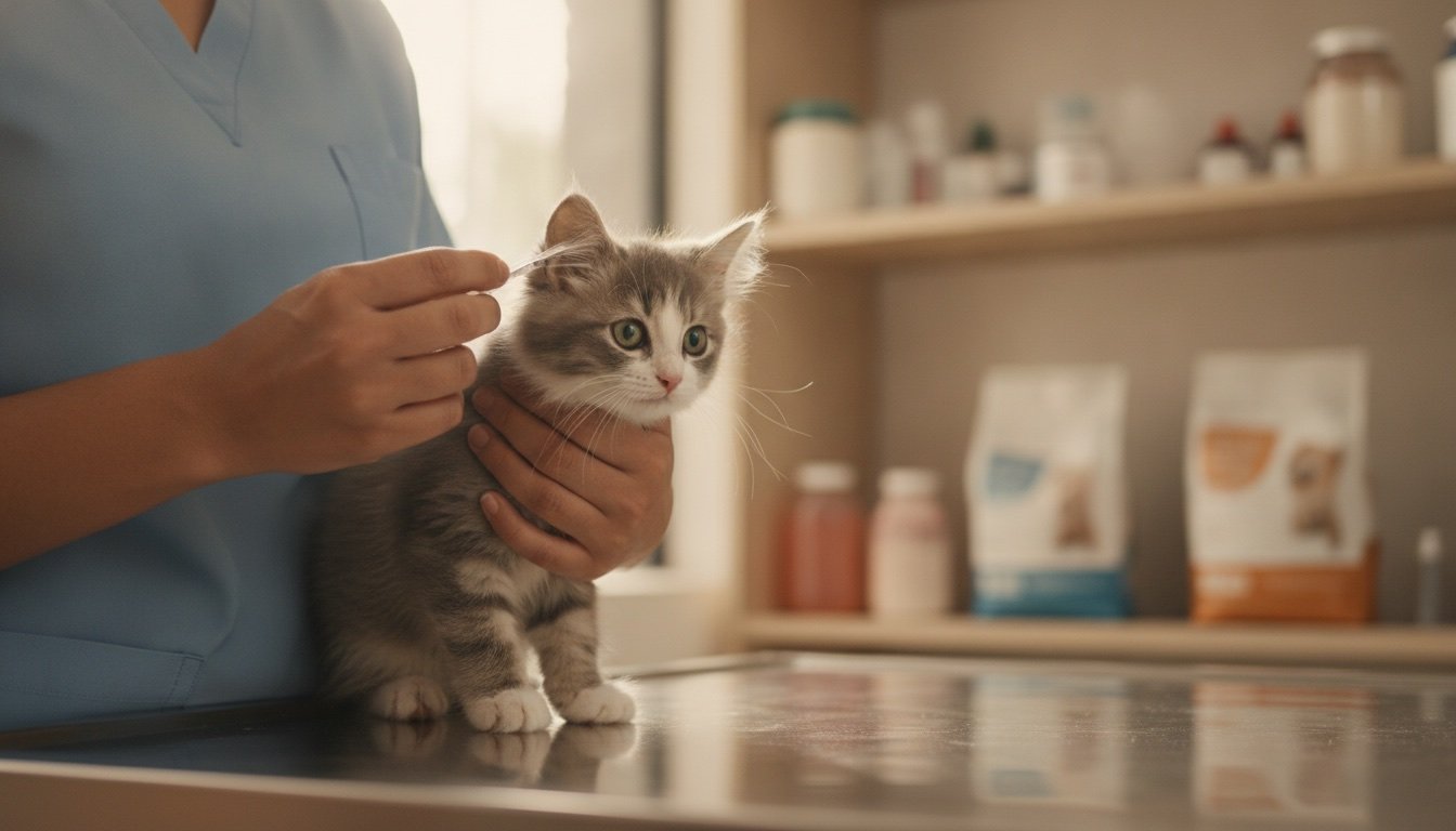 Veterinaria sosteniendo con cuidado a un gatito gris y blanco sobre la mesa de acero para aplicarle su vacuna felina