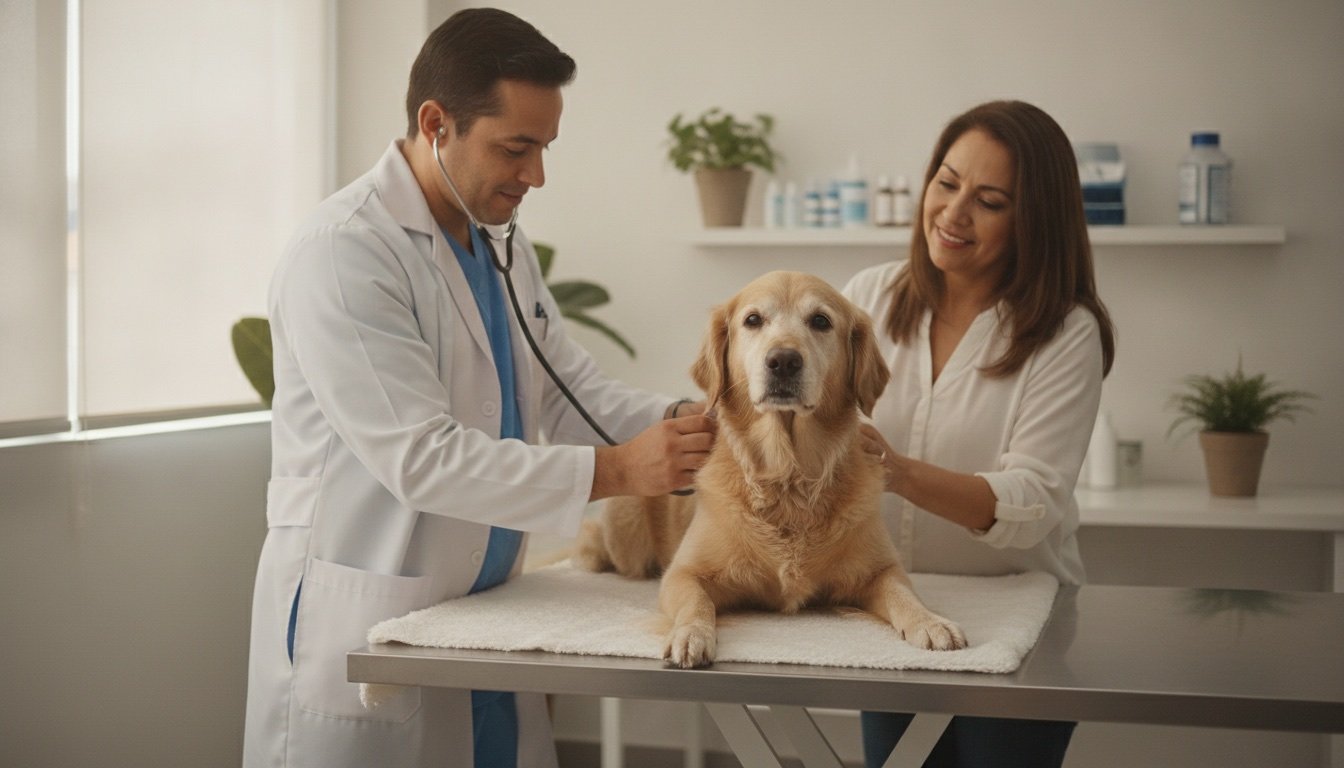 Veterinario auscultando con estetoscopio a un perro adulto mientras su dueña lo tranquiliza durante un chequeo de bienestar