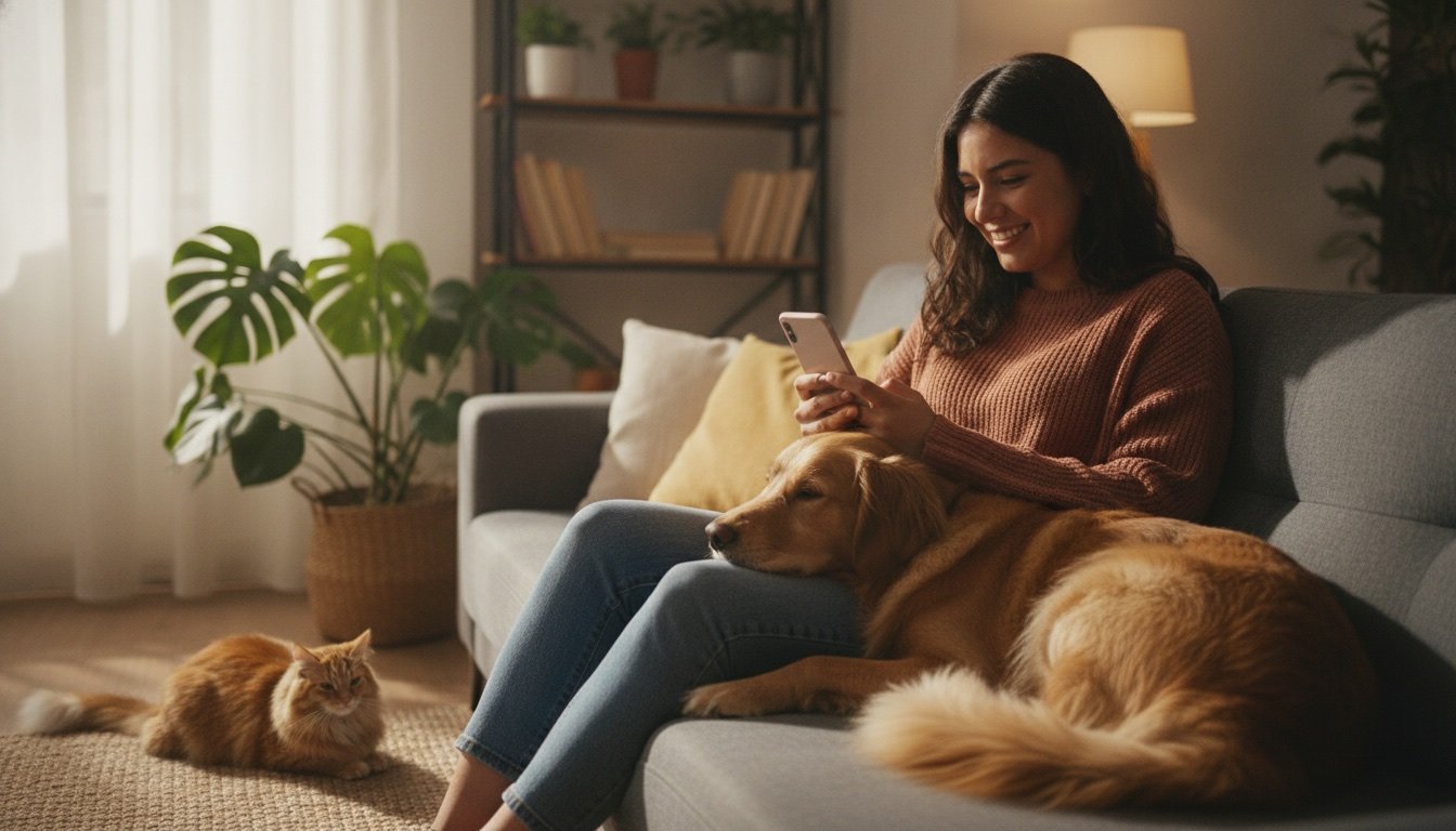 Mujer joven revisando su teléfono en el sofá de casa con su perro recostado en el regazo y su gato cerca
