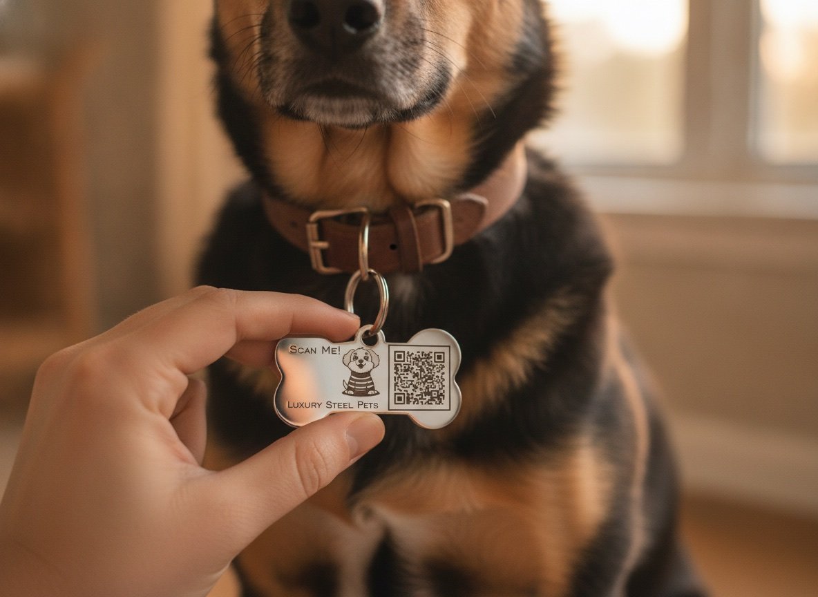 Plaquita inteligente de acero en forma de hueso de Luxury Steel Pets sostenida frente al collar de un perro rescatado recién adoptado, con el QR y el grabado visibles