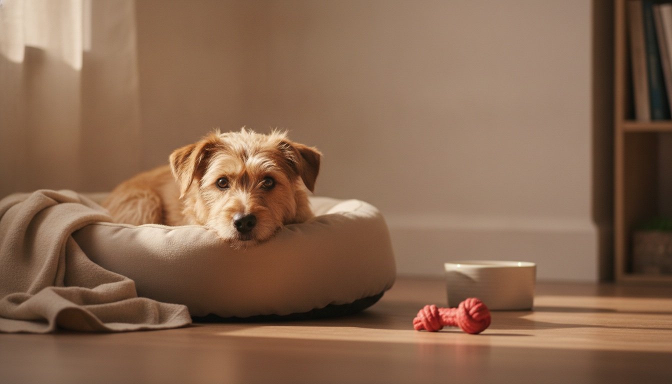 Perro rescatado descansa con cautela en su rincón seguro con cama, cobija, plato de agua y juguete durante sus primeras horas en casa