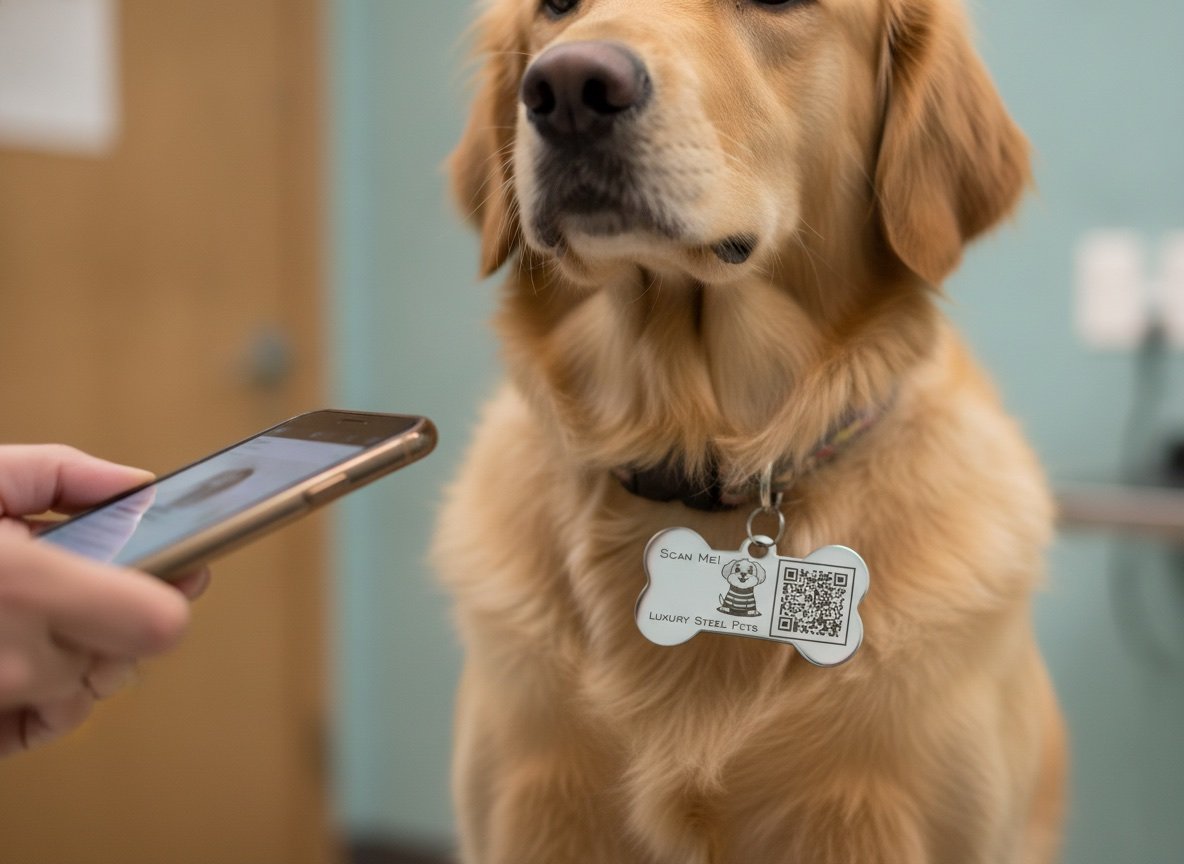 Veterinario escanea con su celular la plaquita de acero en forma de hueso de Luxury Steel Pets en el collar de un perro adoptado para ver su historial