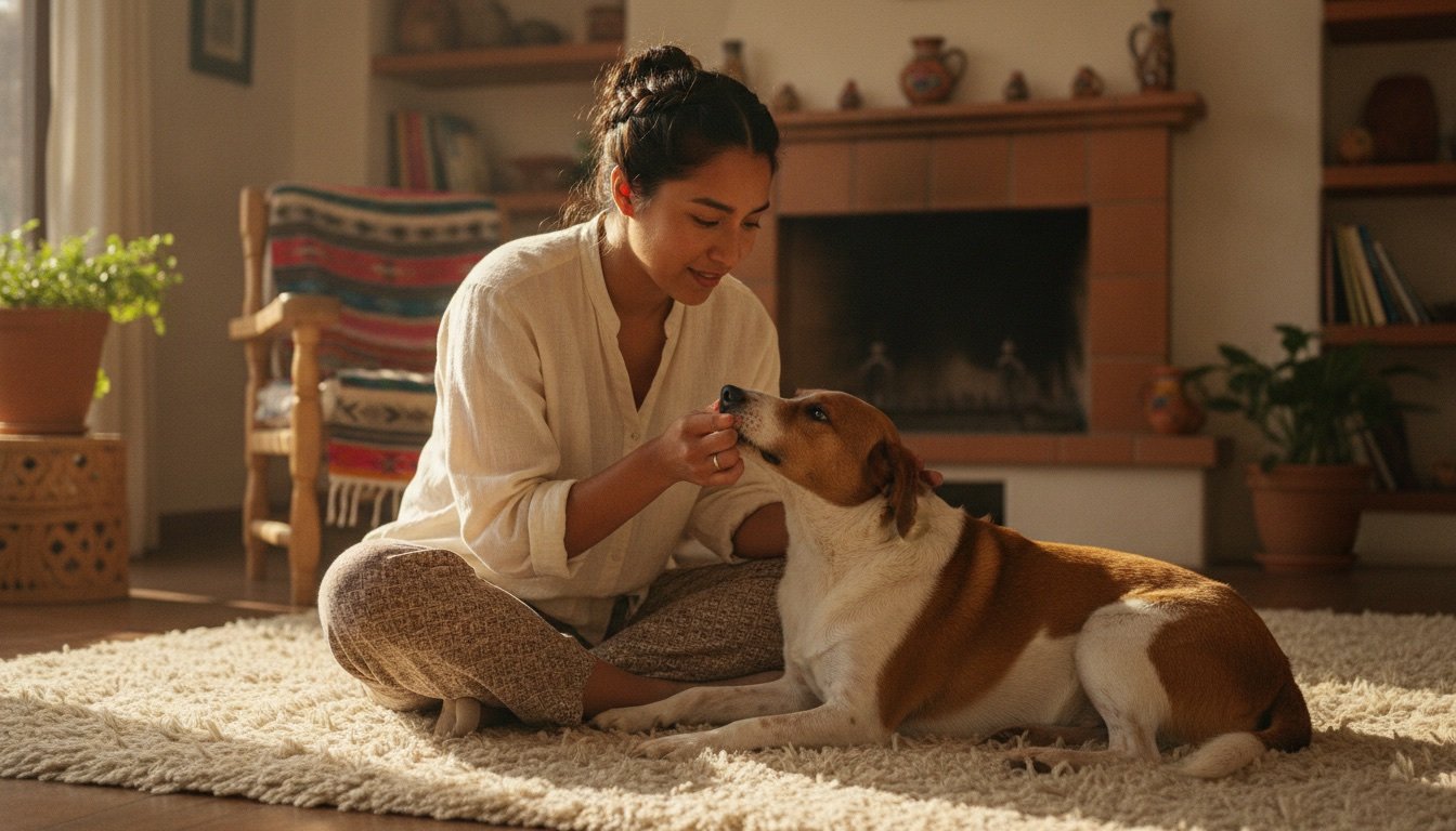 Mujer joven revisando con atención a su perro mestizo en casa, observando de cerca su hocico y encías bajo luz cálida de tarde