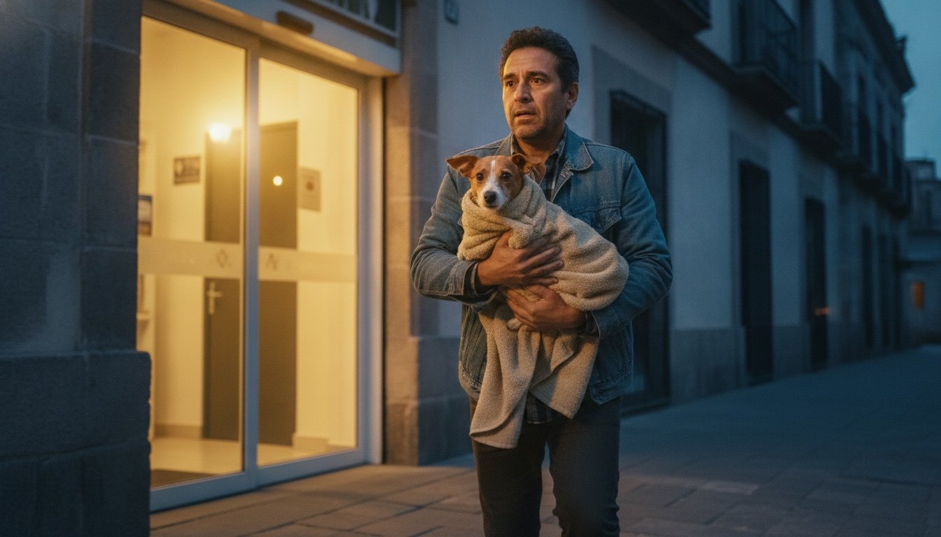 Hombre cargando a su perro envuelto en una toalla mientras se apresura hacia la entrada iluminada de una clínica veterinaria al anochecer