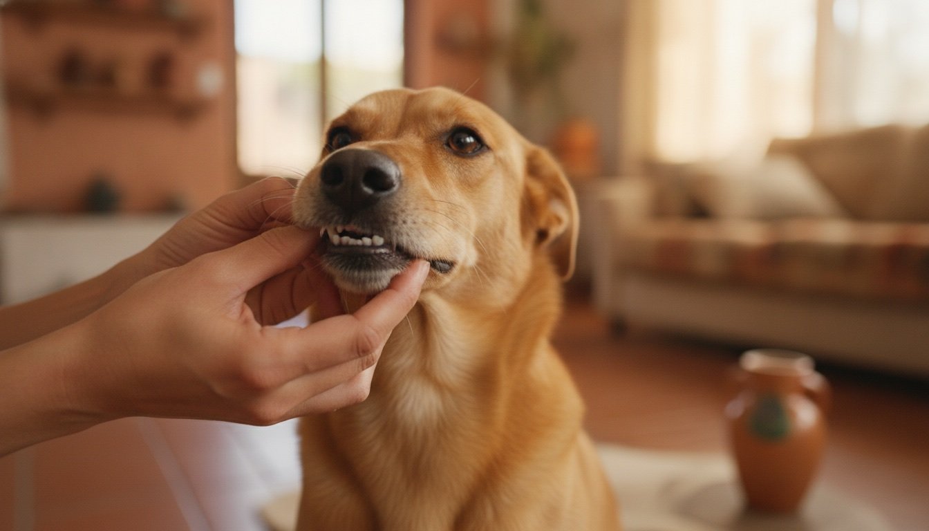 Manos de un tutor levantando el labio de un perro para revisar el color de las encías en casa