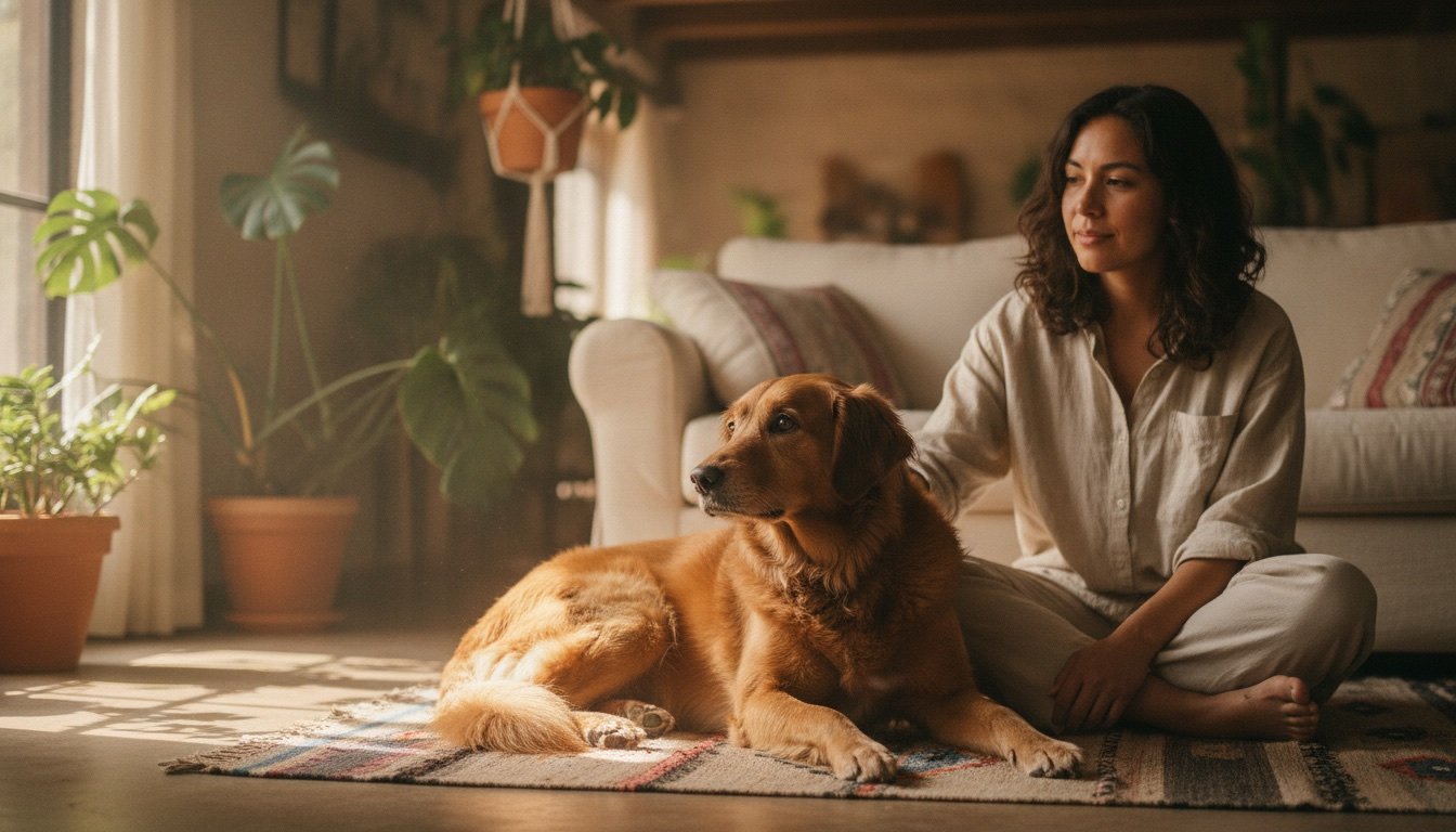 Perro sano y activo descansando tranquilo en casa junto a su tutora en una escena de baja urgencia
