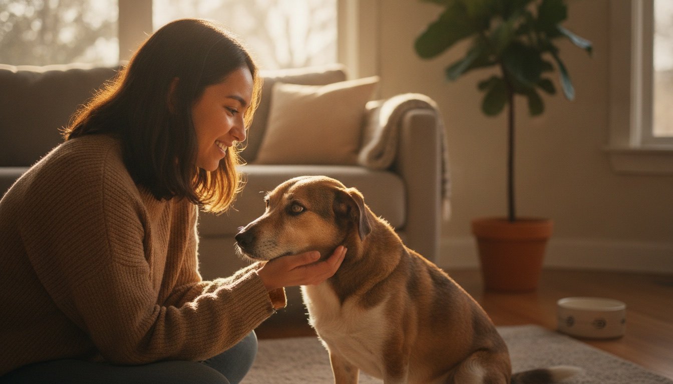 Mujer joven acariciando con cariño a un perro adulto mestizo adoptado en una sala iluminada por luz cálida