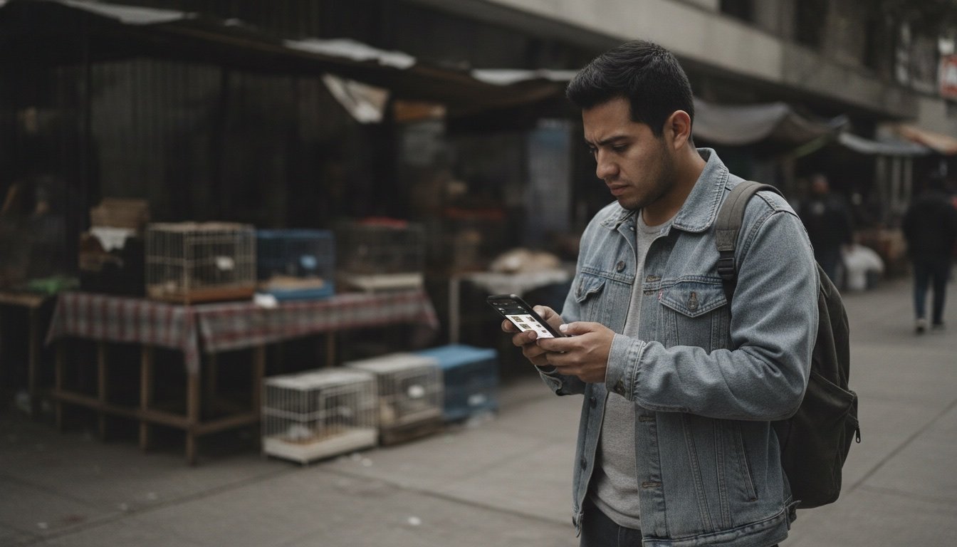 Hombre joven con gesto preocupado revisa su teléfono frente a un puesto callejero informal con jaulas, evitando una compra de impulso