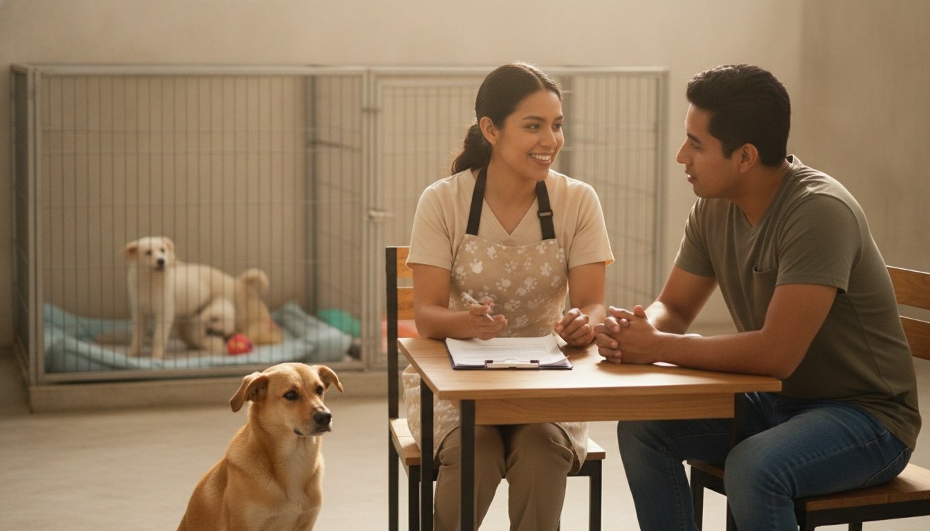 Voluntaria de refugio entrevista a una pareja interesada en adoptar, con un perro tranquilo y jaulas limpias al fondo