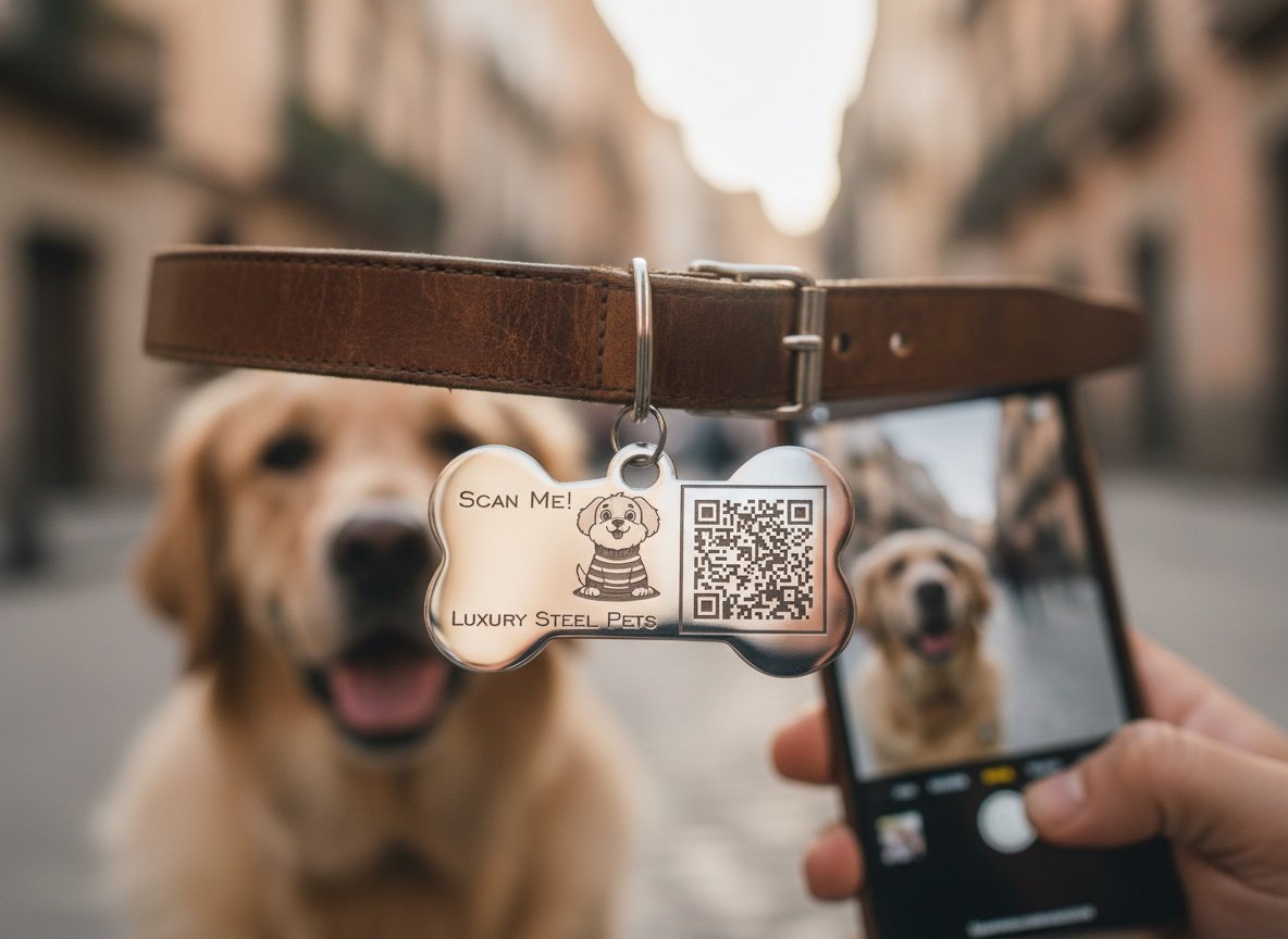 Persona escanea con su celular la plaquita inteligente de acero de Luxury Steel Pets en el collar de un perro para abrir su perfil de contacto