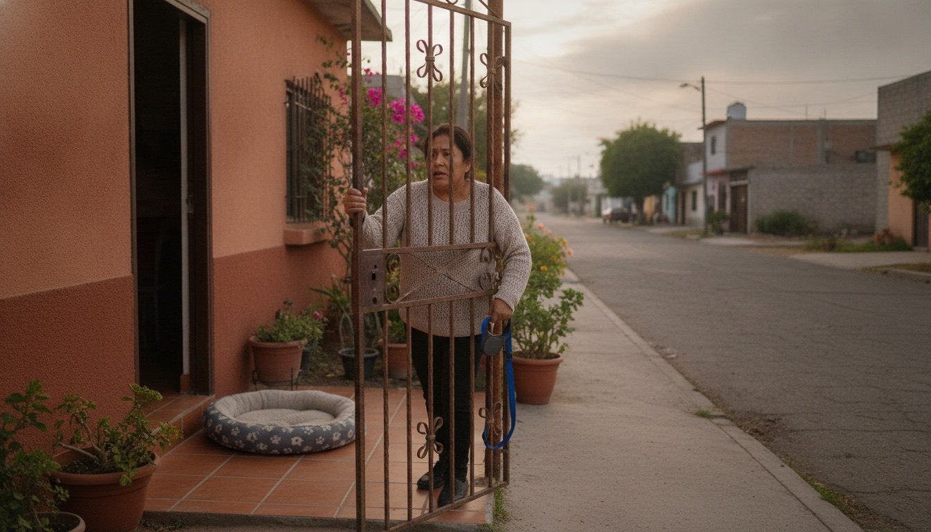Mujer alarmada en la reja abierta de su casa mira la calle vacía al descubrir que su perro escapó, con la cama del perro vacía a un lado