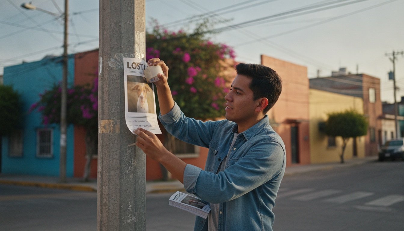 Joven pega un cartel de mascota perdida con foto a color en un poste de una esquina residencial en México, con más carteles bajo el brazo