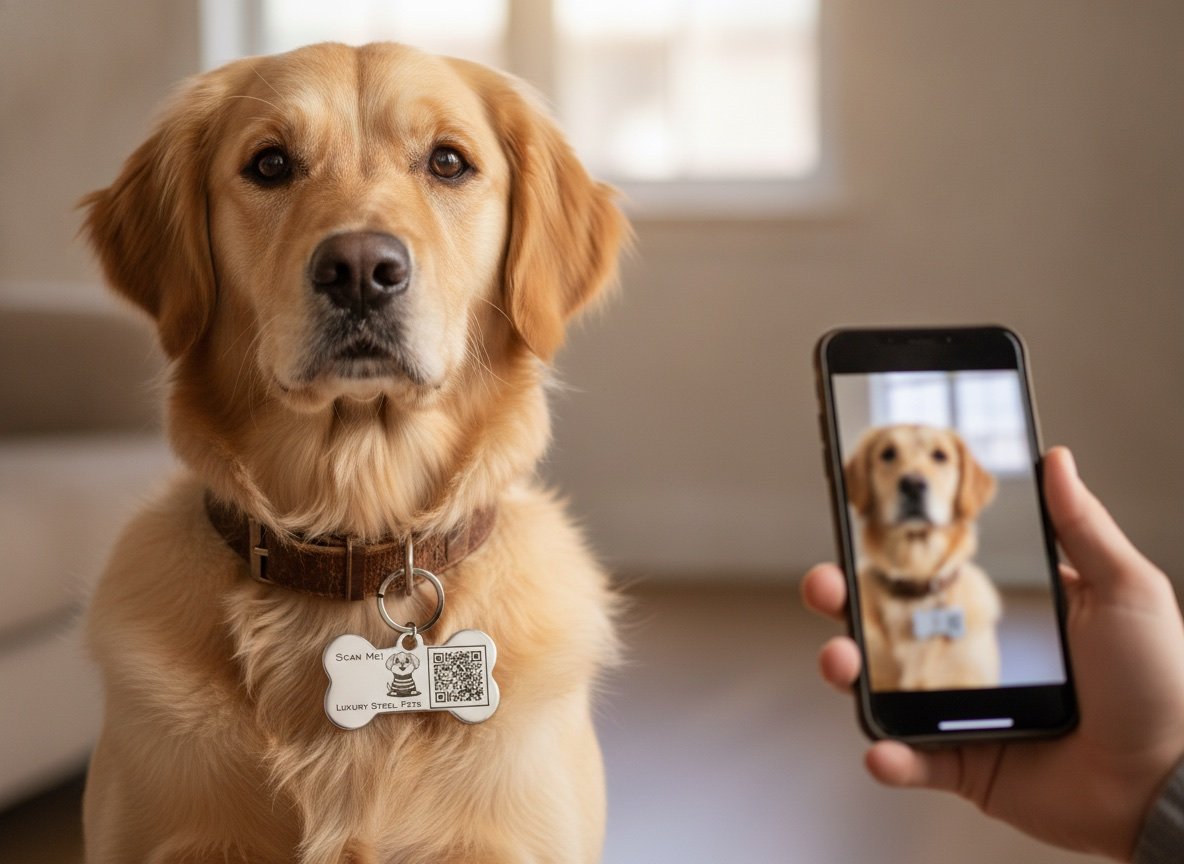 Primer plano de la plaquita de acero Luxury Steel Pets en el collar de un golden retriever mientras una mano acerca un celular para escanearla
