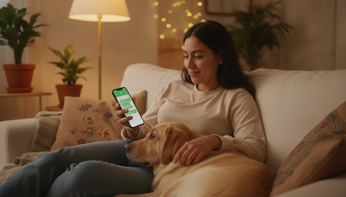 Mujer relajada en el sofá de su casa por la noche escribiendo un mensaje desde su celular mientras su perro labrador descansa en su regazo