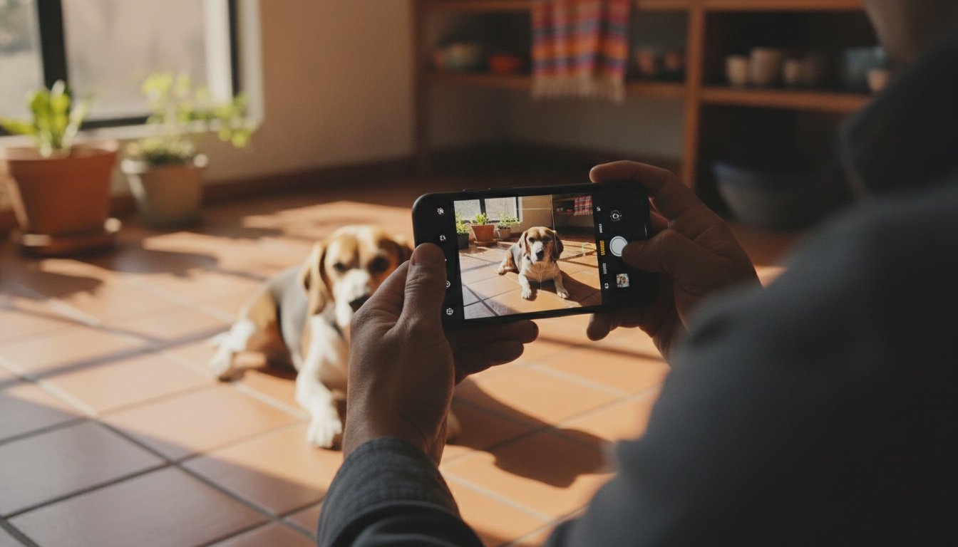 Manos sosteniendo un celular para tomar una foto a un perro beagle echado en el piso de la cocina con luz natural