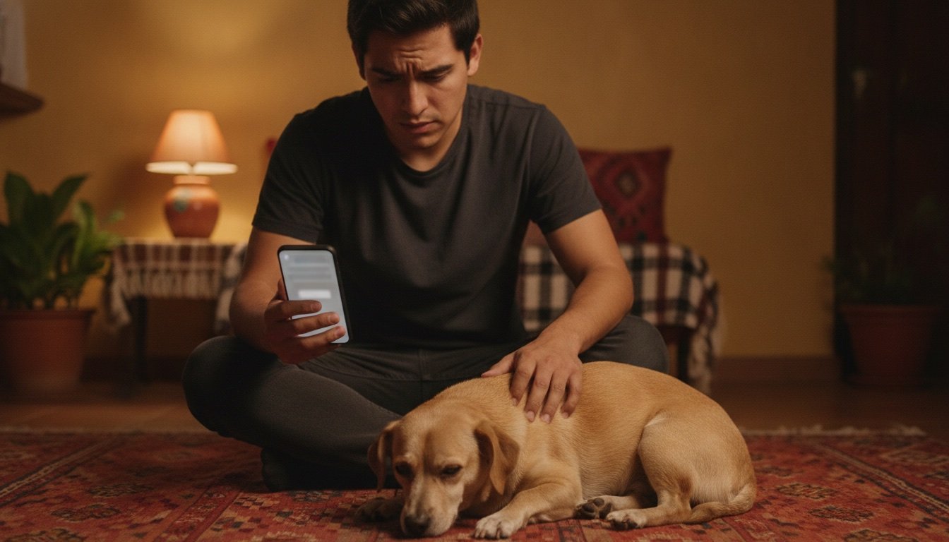 Hombre preocupado de noche mira su teléfono junto a su perro enfermo recostado en el suelo de una casa mexicana