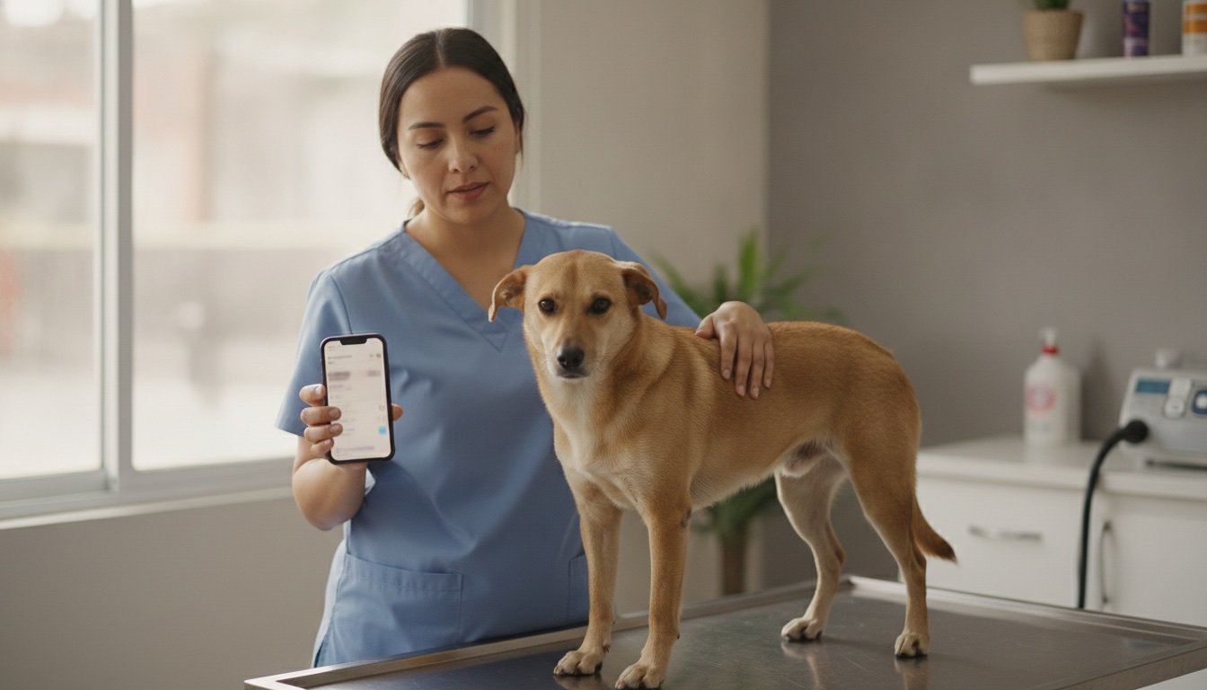 Veterinaria con bata azul sostiene su teléfono y coloca la mano sobre un perro en la mesa de exploración de una clínica mexicana