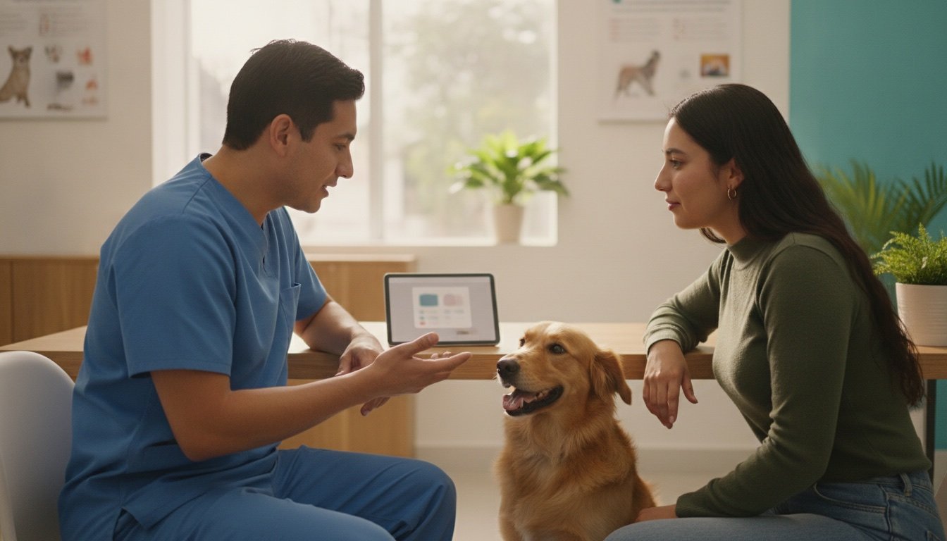 Veterinario y dueña revisan juntos una tablet con el expediente de la mascota mientras un perro dorado los acompaña en la clínica