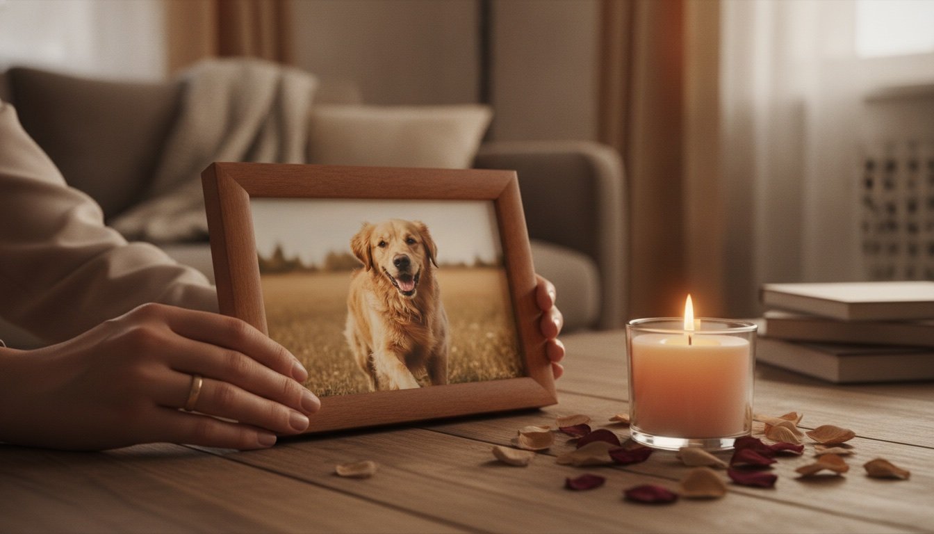 Manos sosteniendo una foto enmarcada de un perro fallecido junto a una vela encendida y pétalos sobre una mesa de madera, con luz cálida de hogar