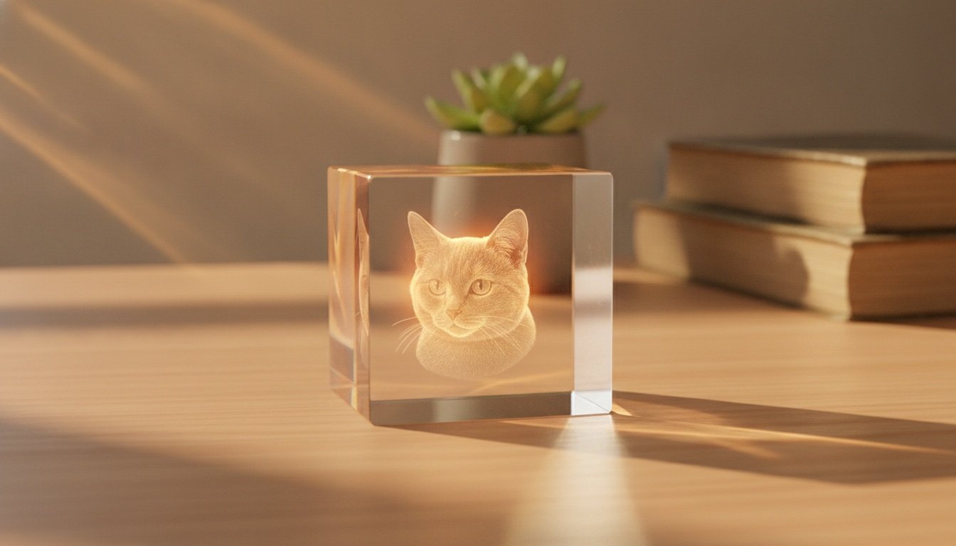 Cubo de cristal UV con el retrato de un gato grabado a láser en su interior, iluminado por luz cálida sobre una repisa de madera con una planta y libros al fondo