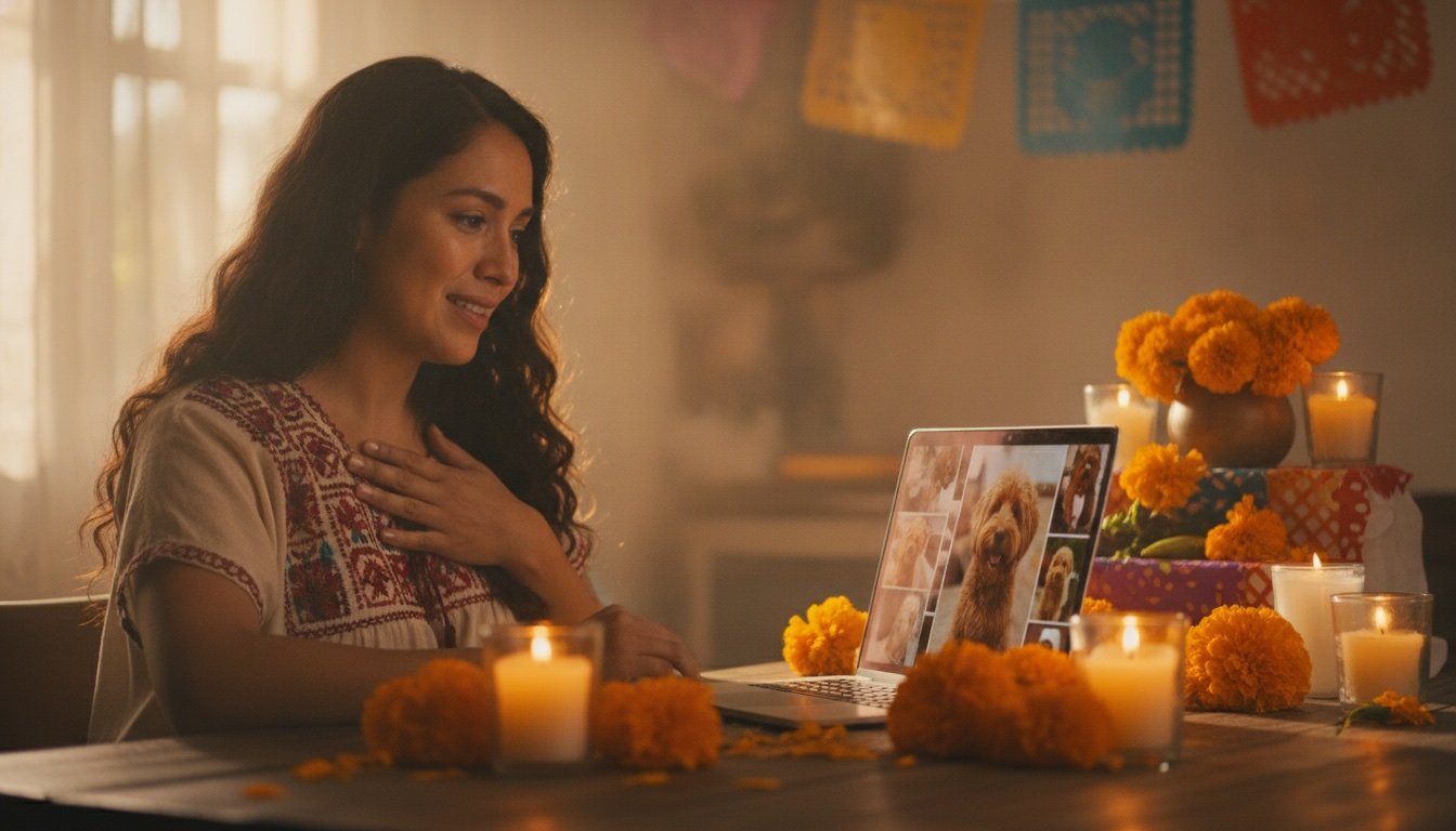 Mujer latina emocionada con la mano en el pecho viendo las fotos de su perro fallecido en una laptop, rodeada de cempasúchil y veladoras en un altar de Día de Muertos
