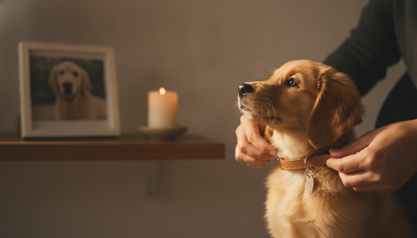 Manos colocando una pequeña placa metálica sin marca en el collar de un cachorro, con la foto enmarcada de un perro mayor y una vela al fondo, como puente entre generaciones