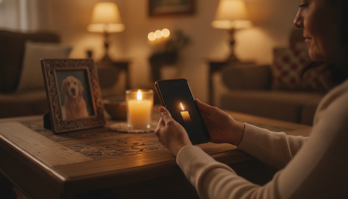 Madre e hija sostienen un teléfono que muestra una vela virtual encendida junto a la foto enmarcada de su perro y una veladora real, en una sala cálida