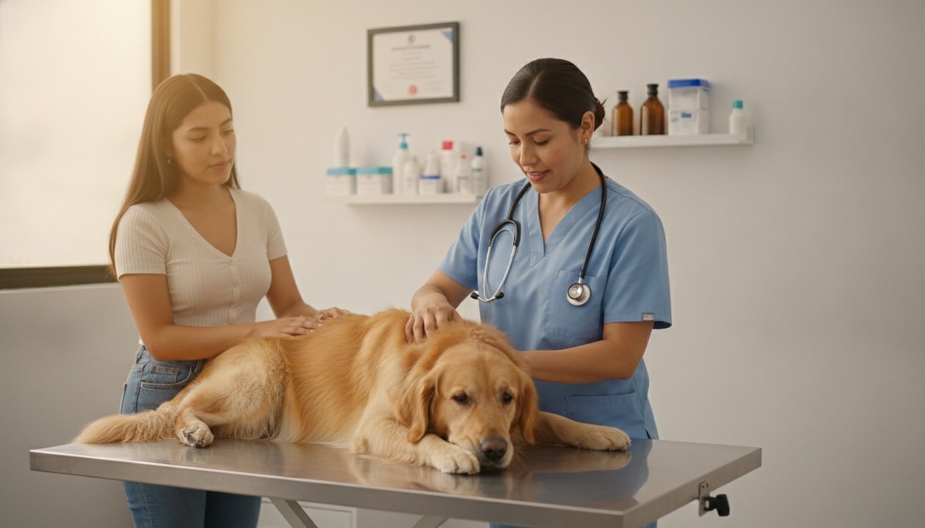 Veterinaria con bata azul examina a un golden retriever tranquilo sobre una mesa de exploración mientras la dueña observa; al fondo, una cédula enmarcada y equipo médico ordenado