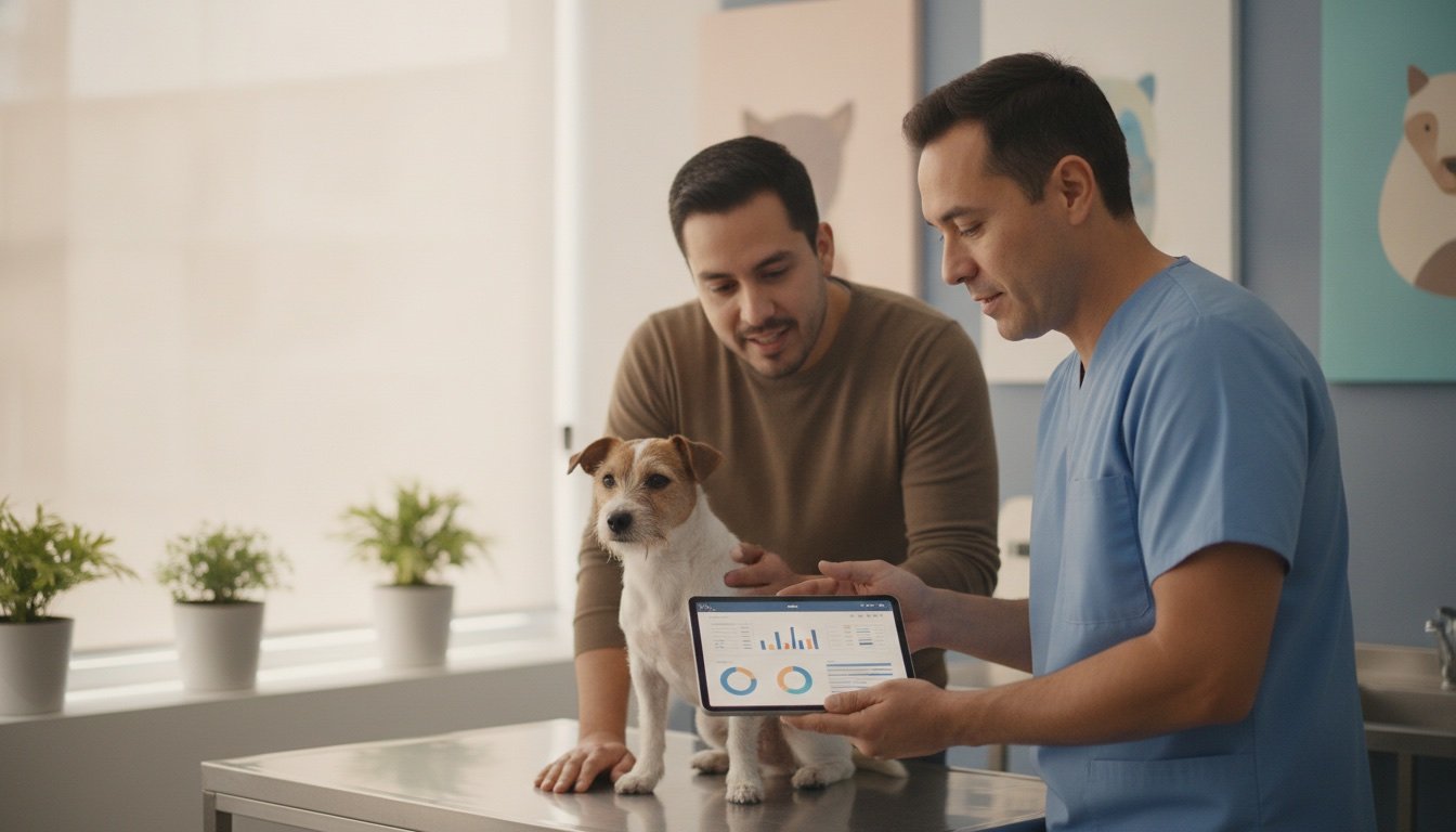 Veterinario muestra a un dueño un expediente digital en una tablet mientras un pequeño terrier sano permanece tranquilo sobre la mesa de exploración