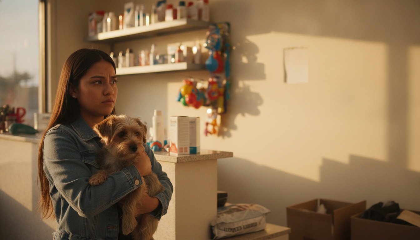Dueña sostiene protectoramente a su perrito en una recepción veterinaria, mirando con desconfianza una pared sin cédula y estantes llenos de productos de venta