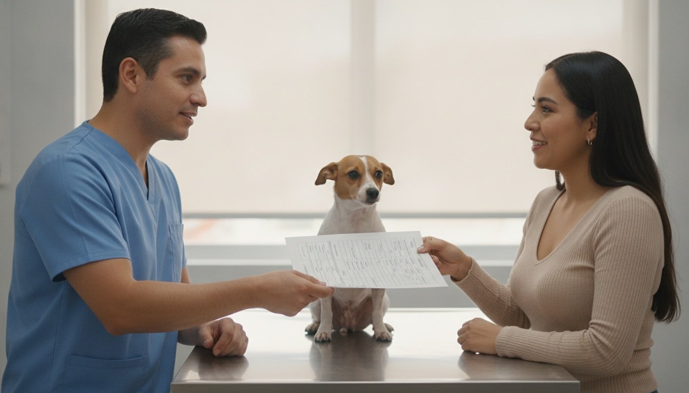 Veterinario entrega un expediente clínico impreso y estructurado a una dueña sonriente mientras un perro sano espera tranquilo sobre la mesa