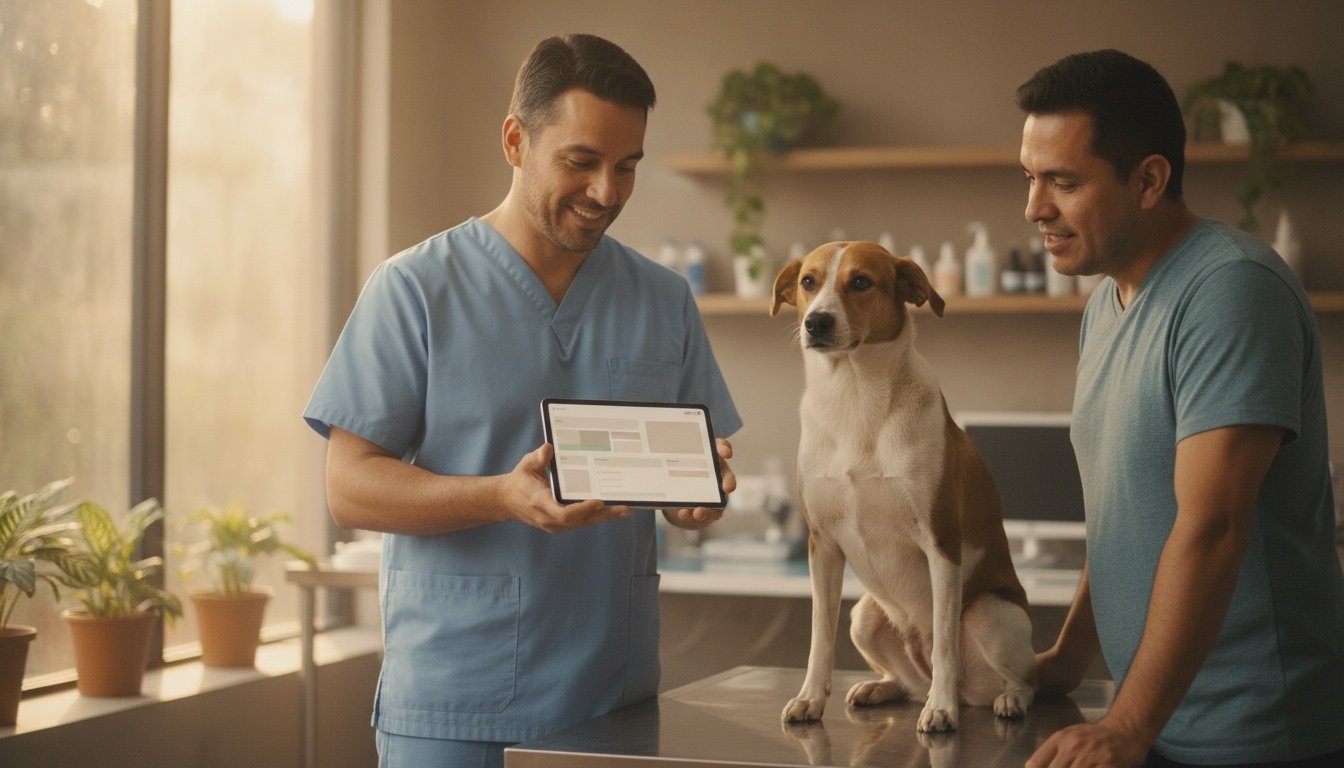 Veterinario revisando en una tableta el historial digital de tratamientos de un perro junto a su dueña