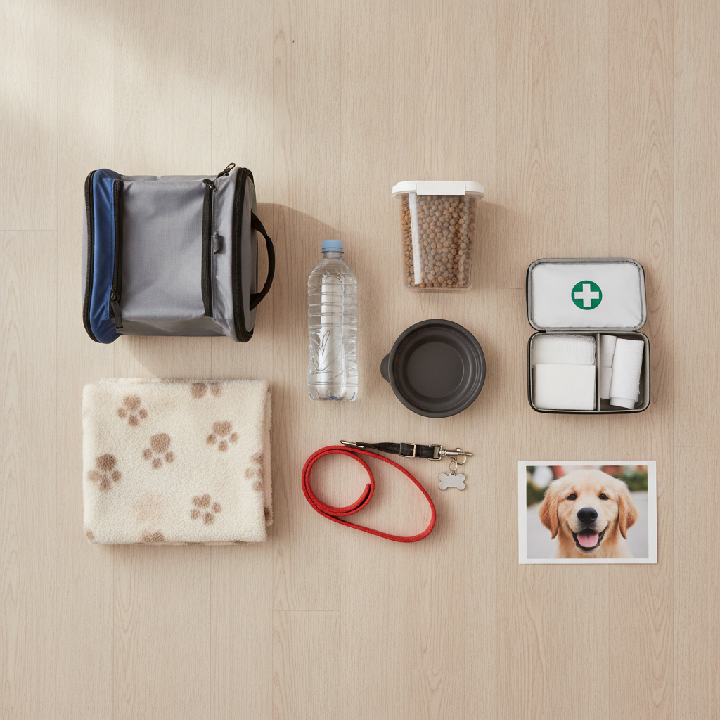 Kit de emergencia para mascotas con agua, comida, transportadora, botiquín y foto
