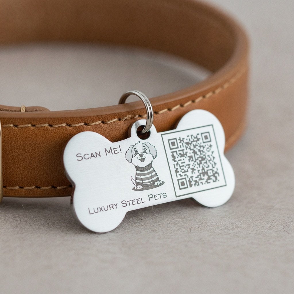 Perro con placa de identificación de acero y QR siendo escaneada con un teléfono